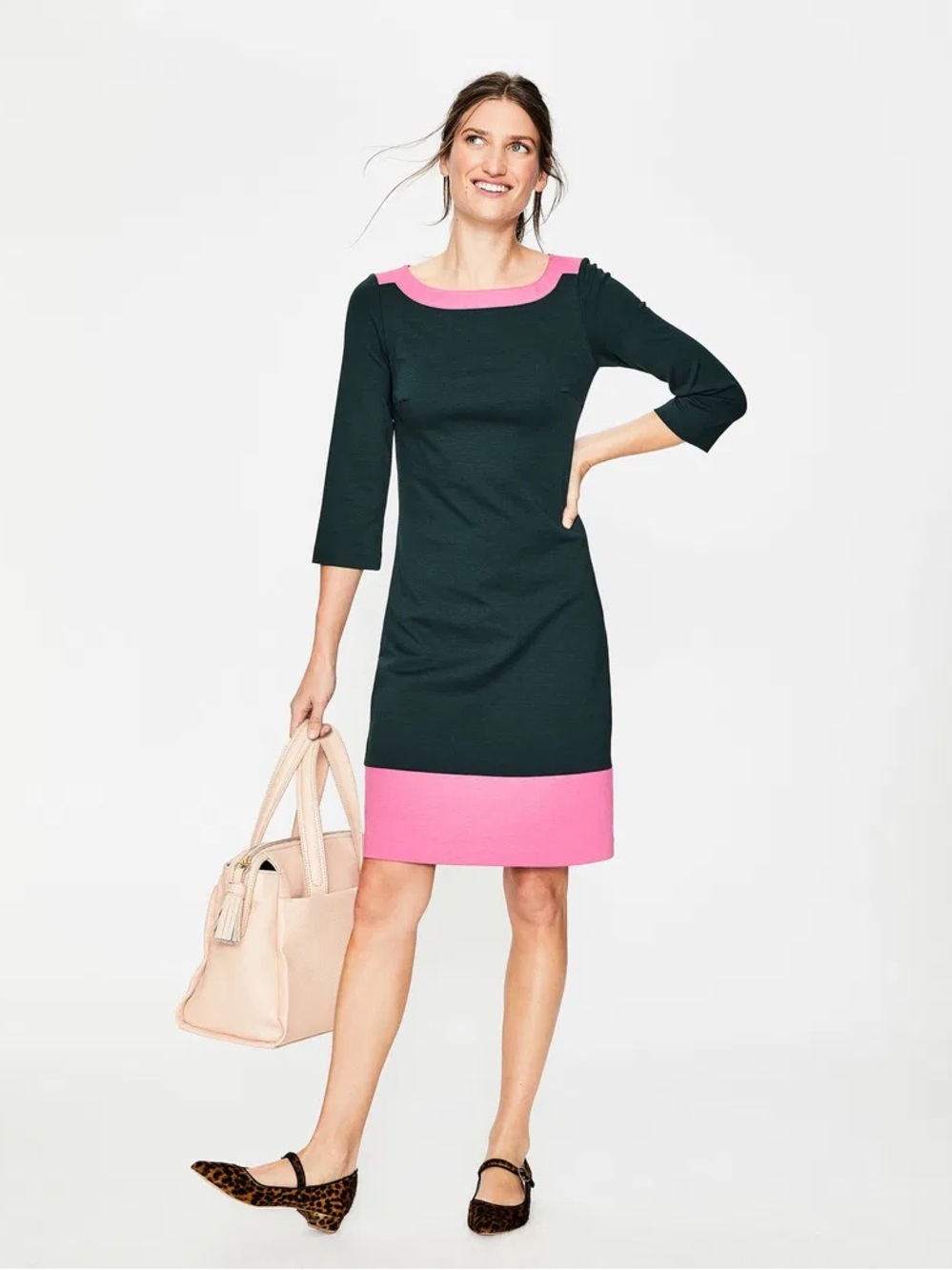 Boden Siobhan Ponte Colorblock Sheath Dress in Dark Green and Pink NWT